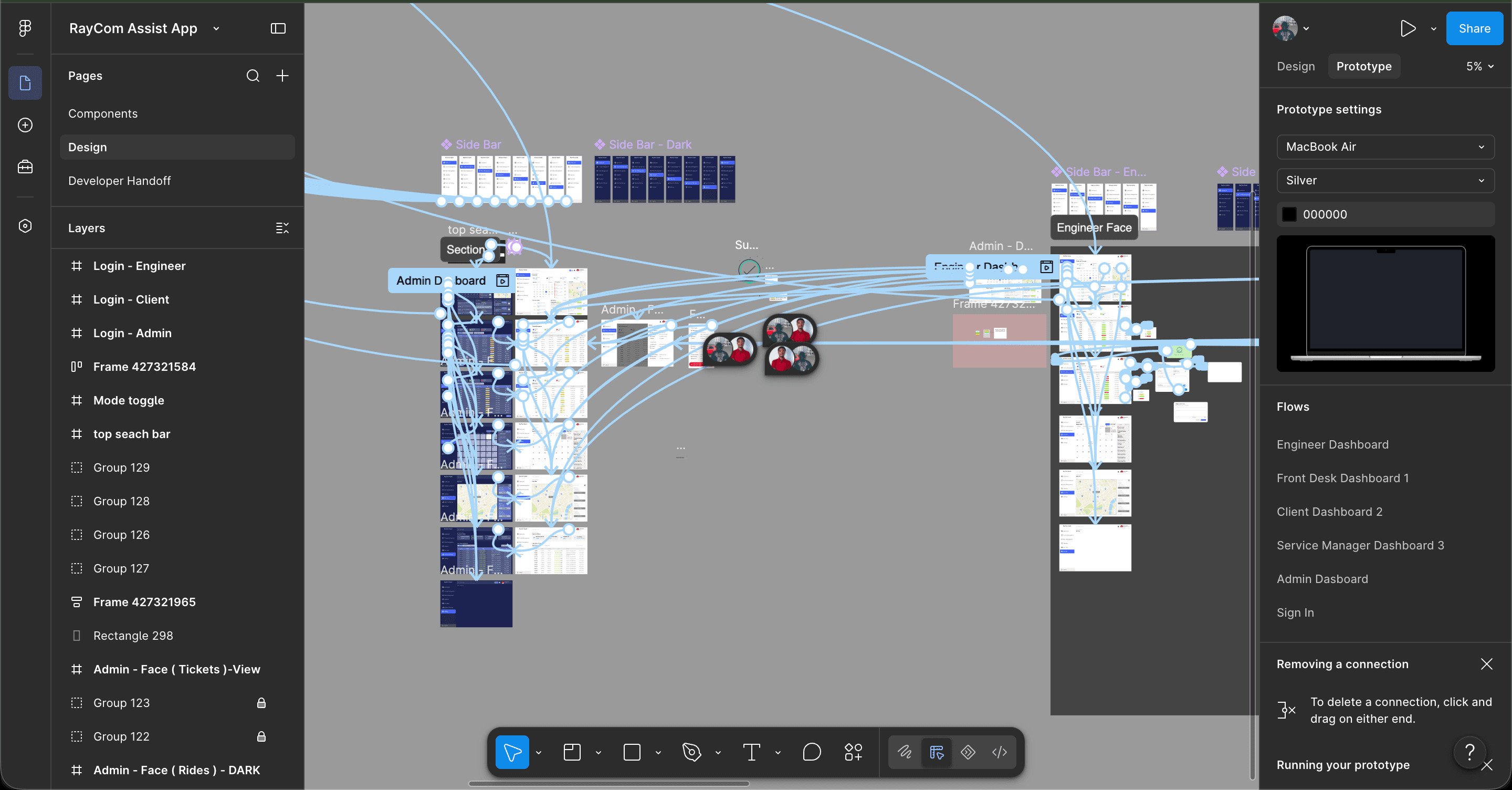 The full screen flow for the dispatch system, wired together in Figma