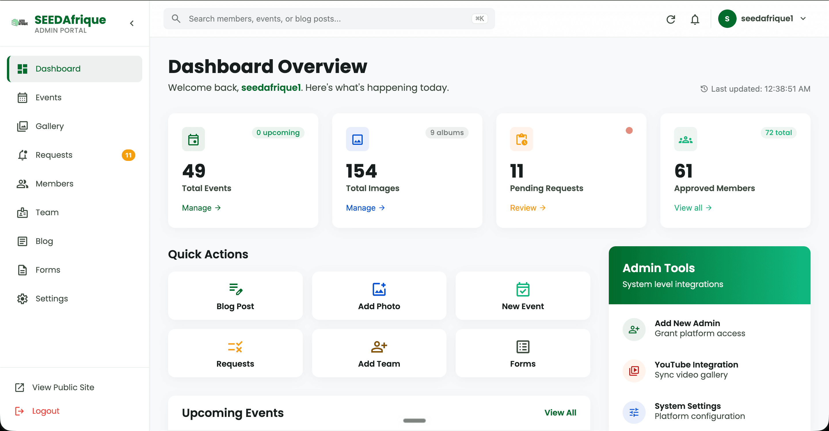 The SEED Afrique admin dashboard showing member and team counts